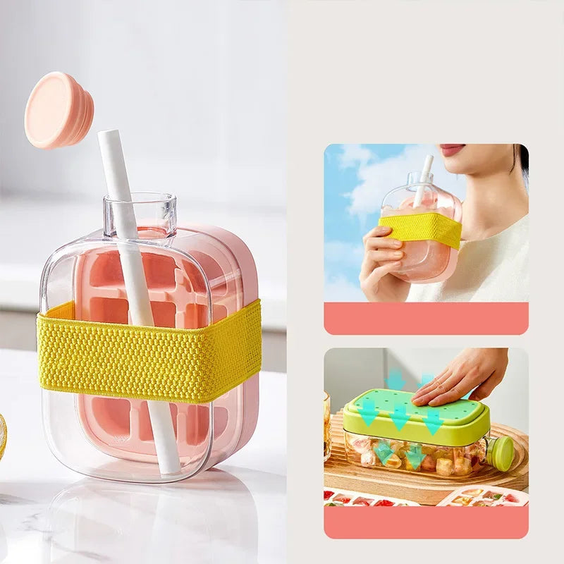 2-in-1 Ice Cube Tray Food-Grade with Straw and Silicone Mould for Outdoor Beverage Cups