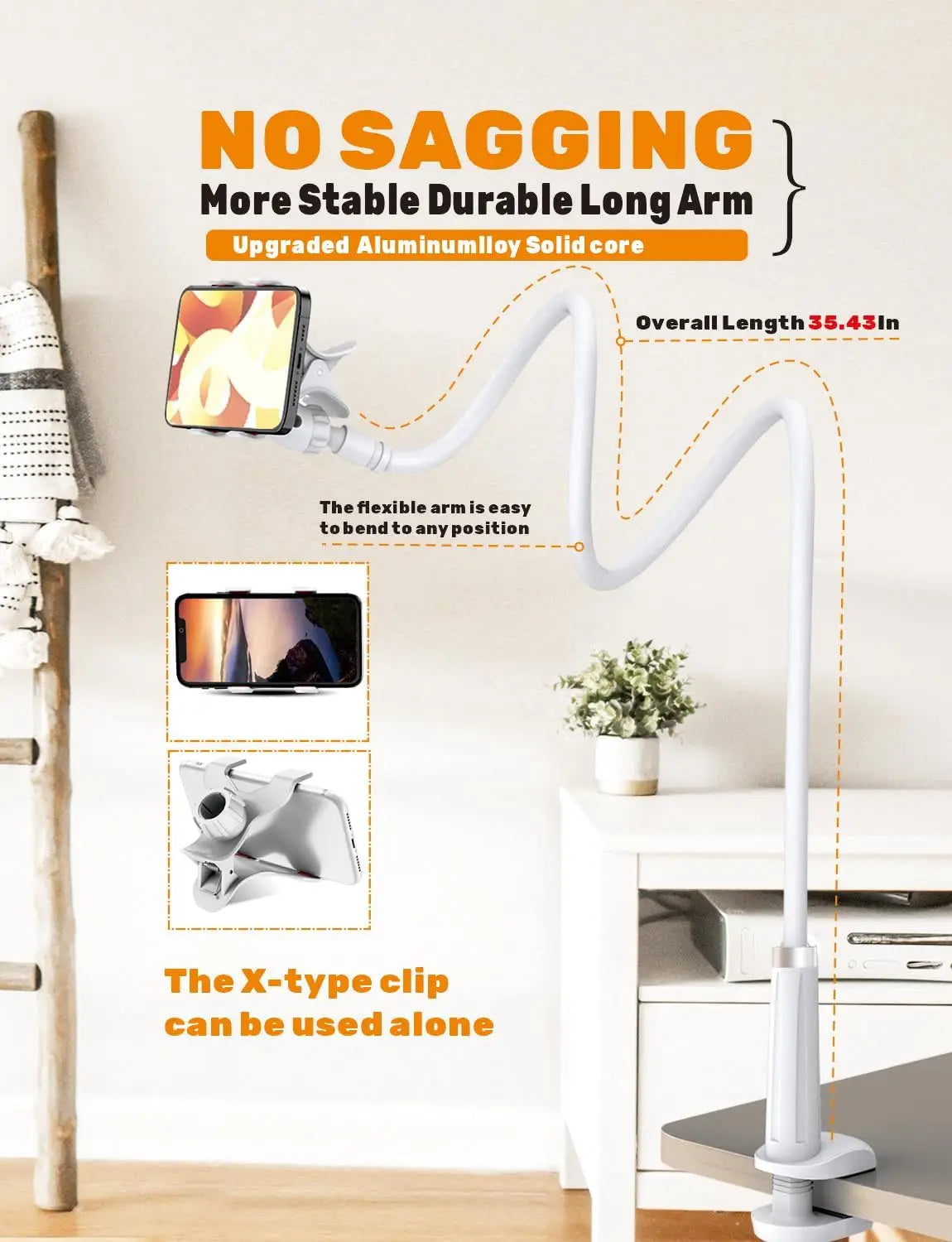 Flexible 35.4-Inch Gooseneck Cell Phone Holder with Clip Attachment