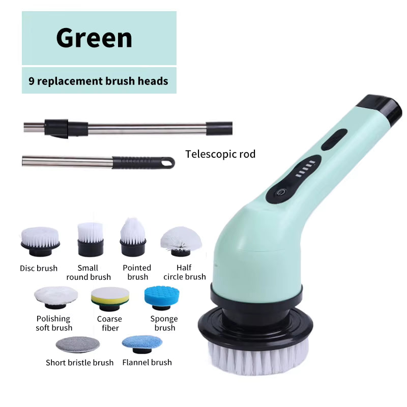 Multifunctional 9-in-1 Wireless Electric Cleaning Brush for Household Kitchen and Bathroom with USB Rechargeable Handheld Rotating Design