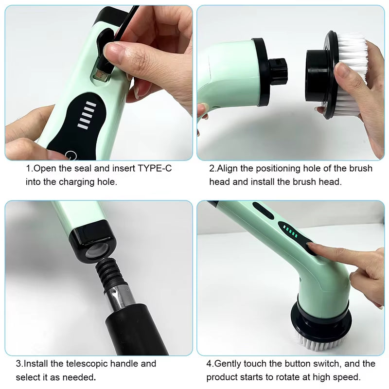 Multifunctional 9-in-1 Wireless Electric Cleaning Brush for Household Kitchen and Bathroom with USB Rechargeable Handheld Rotating Design