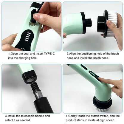 Multifunctional 9-in-1 Wireless Electric Cleaning Brush for Household Kitchen and Bathroom with USB Rechargeable Handheld Rotating Design