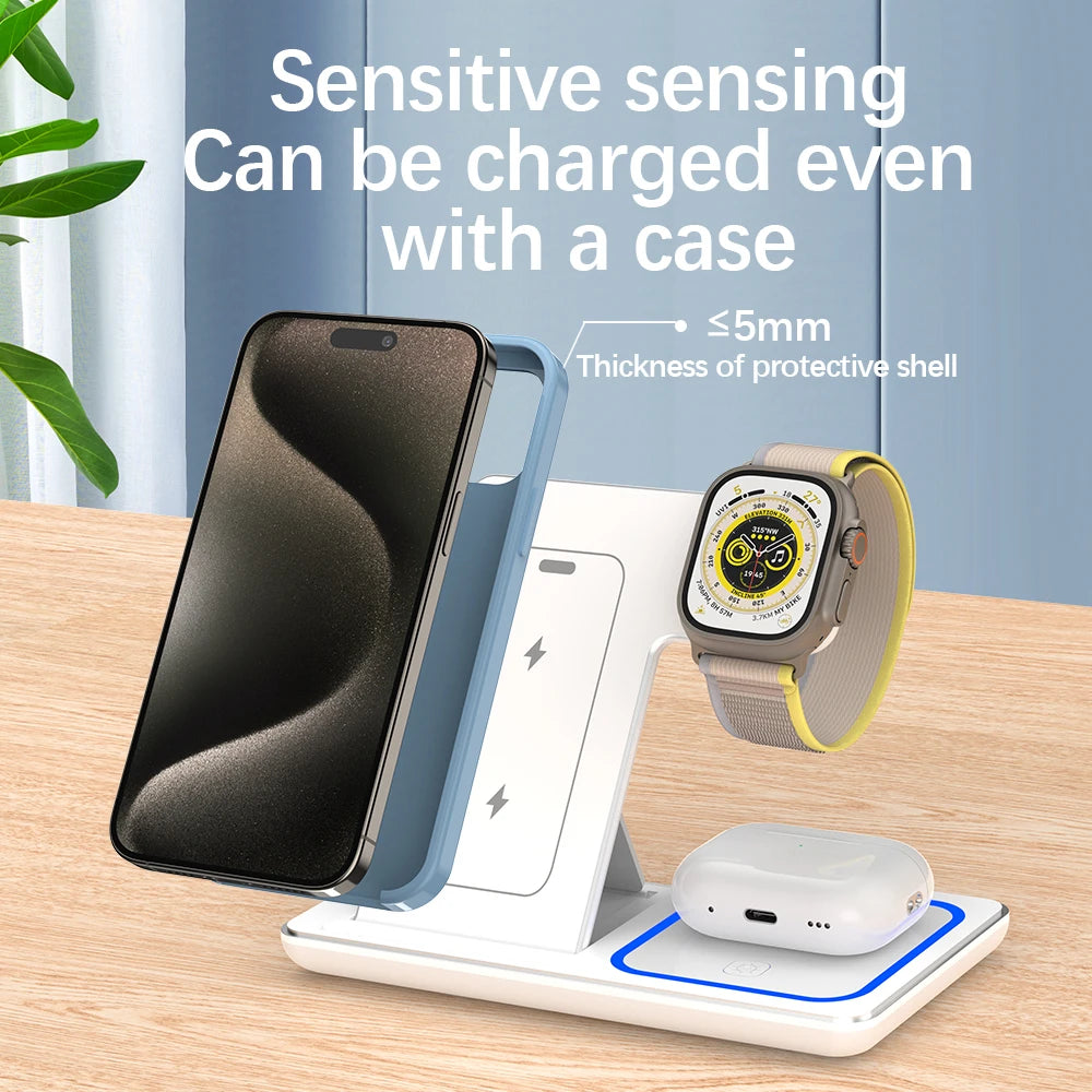 30W Fast Wireless Charging Stand - 3-in-1 Foldable Station for iPhone 15/14/13/12/11, Apple Watch Series 9/8/7/6/5, and AirPods Pro