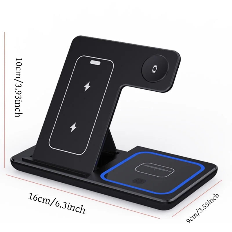 30W Fast Wireless Charging Stand - 3-in-1 Foldable Station for iPhone 15/14/13/12/11, Apple Watch Series 9/8/7/6/5, and AirPods Pro