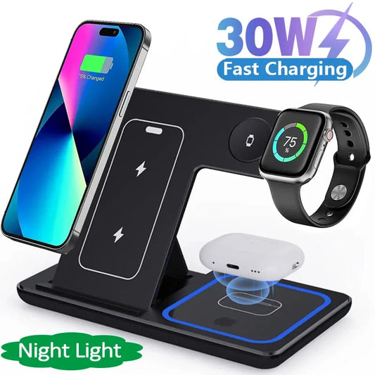 30W Fast Wireless Charging Stand - 3-in-1 Foldable Station for iPhone 15/14/13/12/11, Apple Watch Series 9/8/7/6/5, and AirPods Pro