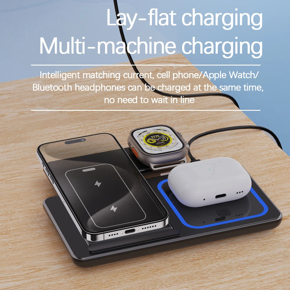 30W Fast Wireless Charging Stand - 3-in-1 Foldable Station for iPhone 15/14/13/12/11, Apple Watch Series 9/8/7/6/5, and AirPods Pro
